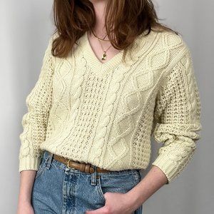 Vintage Cable Knit Oversized Fishermans Grandpa V-Neck Ribbed Preppy Sweater Top